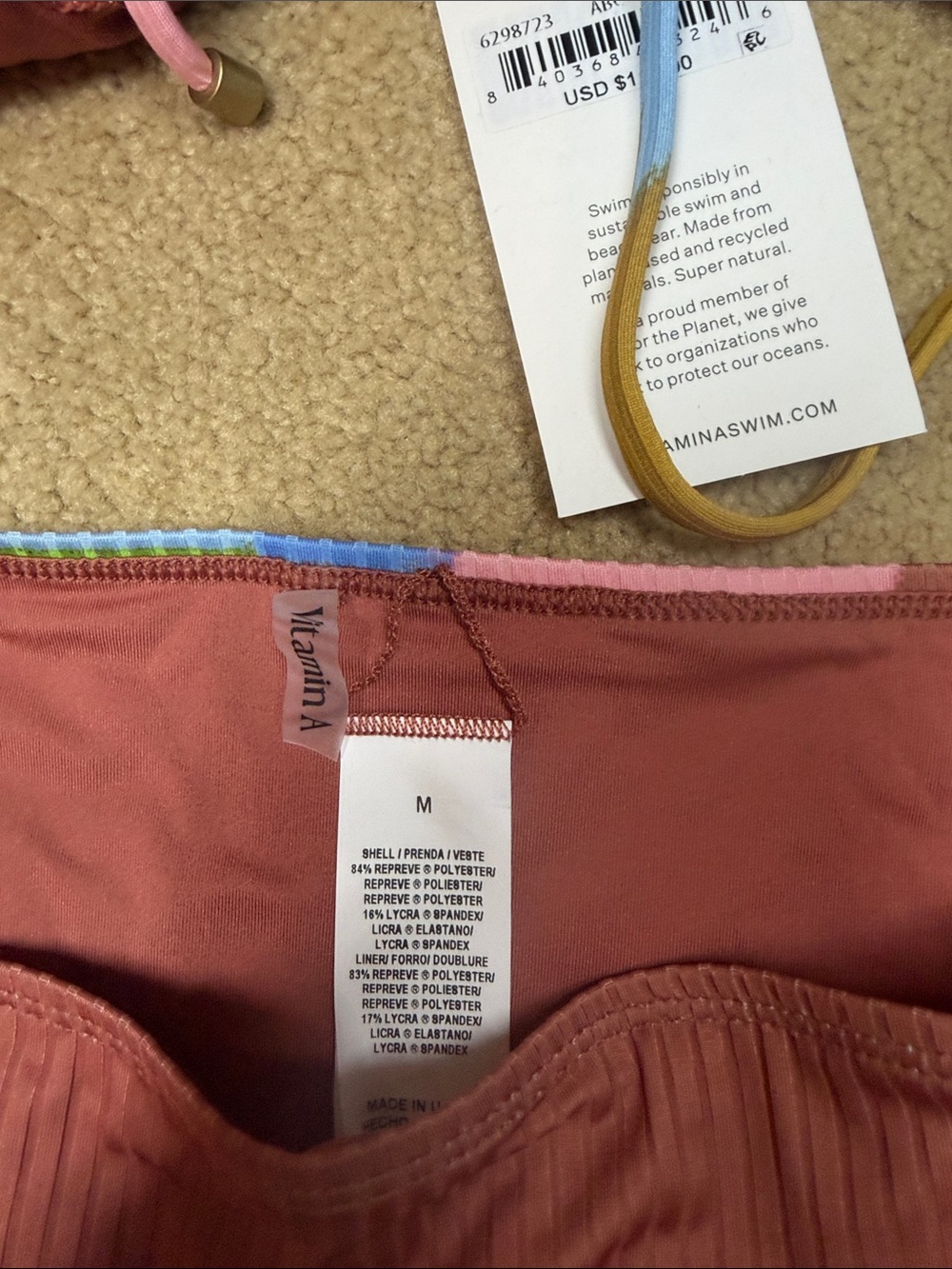 Vitamin A Multi-Color Ribbed Triangle Bikini - Blue, Rust, Mustard, Pink, Green - Picture 2 of 6